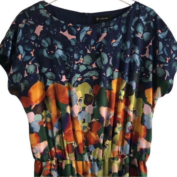 St. John Silk Shift Dress Floral Abstract Color-block Short Sleeve Size 10 - Picture 4 of 13